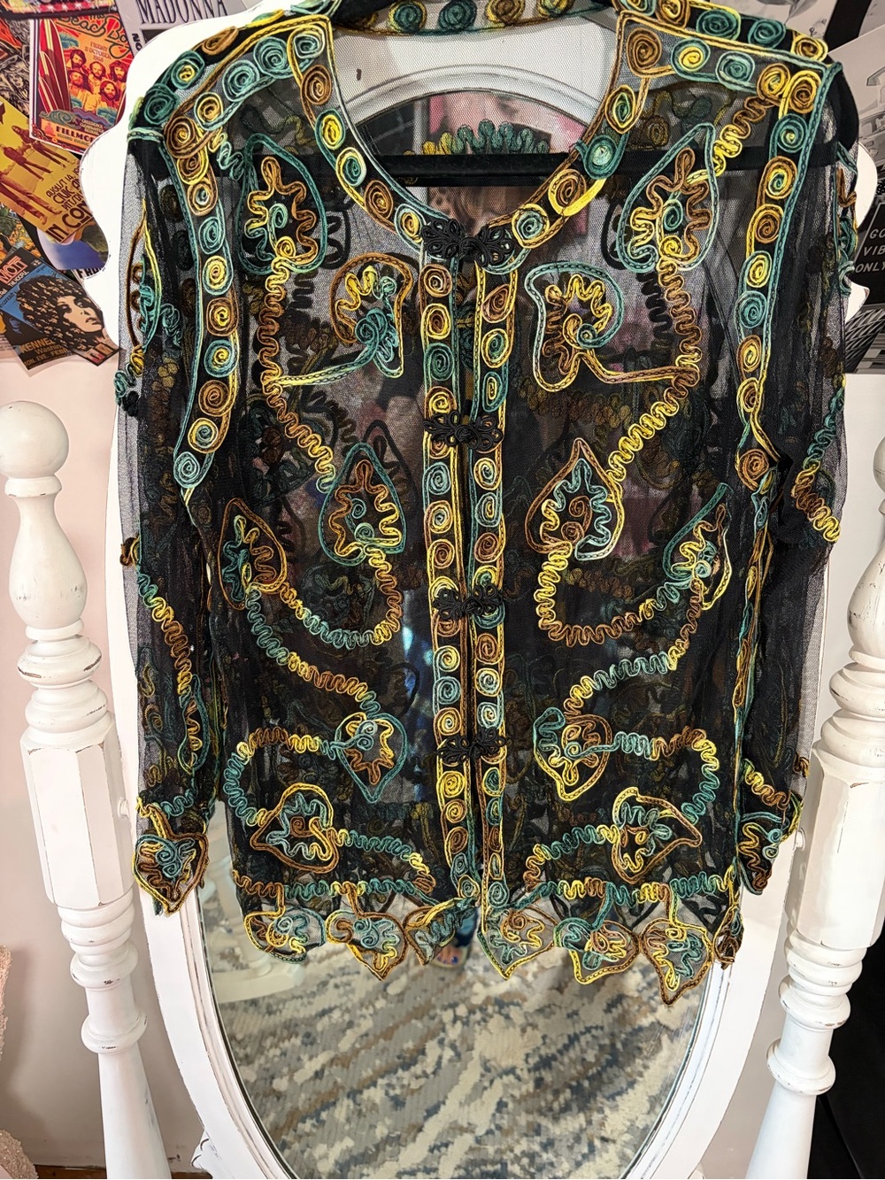 Embellished Sheer Black Jacket with Gold & Teal Embroidery